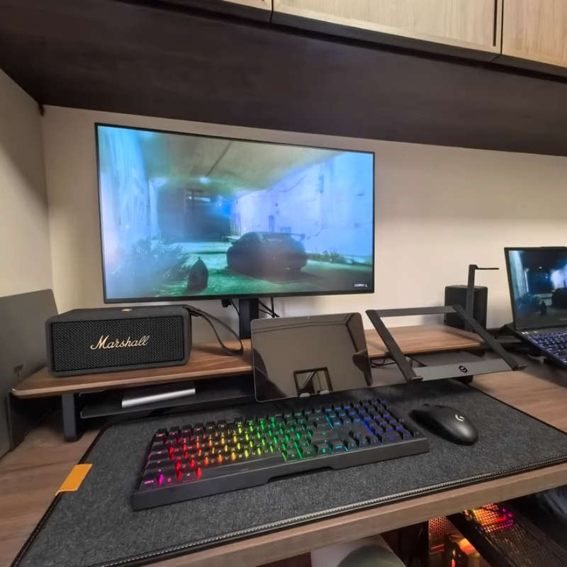 Desk Setup Black And Wood - Suporte modular para monitor, organizador de