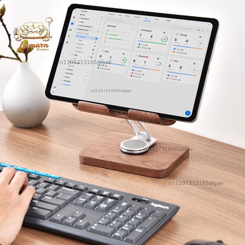 Suporte para iPad em Nogueira  - Desk Setup Black And Wood avaliação e preço